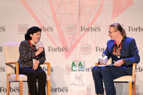Bà Mai Kiều Liên trả lời phỏng vấn của ông Dominic Scriven - Chủ tịch quỹ đầu tư Dragon Capital tại Hội nghị Women Summit 2018.