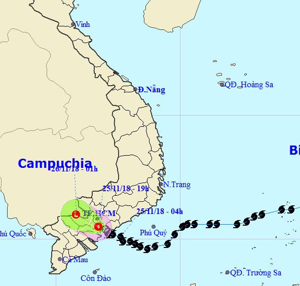 Đường đi và dự báo đường đi của bão số 9 sau khi suy yếu thành áp thấp nhiệt đới. Đồ họa: Trung tâm Khí tượng Thủy văn Trung ương.