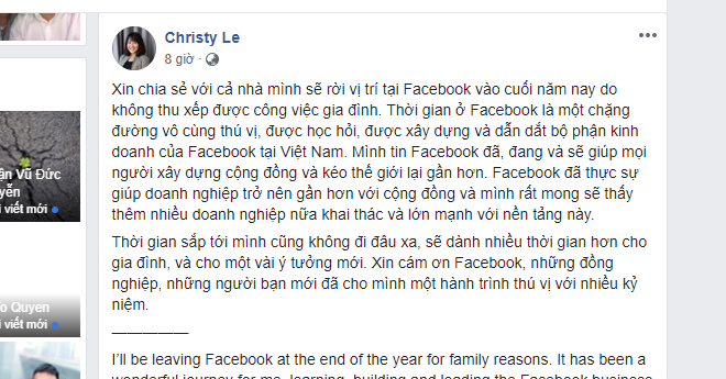 Dòng trạng thái công khai của bà Trang về chuyện rời khỏi Facebook.