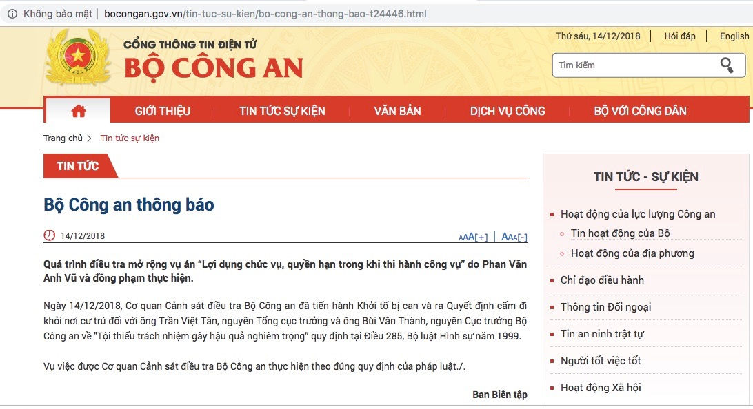 Thông báo của Bộ Công an về việc khởi tố bị can đối với ông Bùi Văn Thành và Trần Việt Tân.