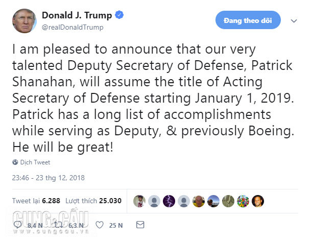 Tweet của ông Trump ngày 23/12.