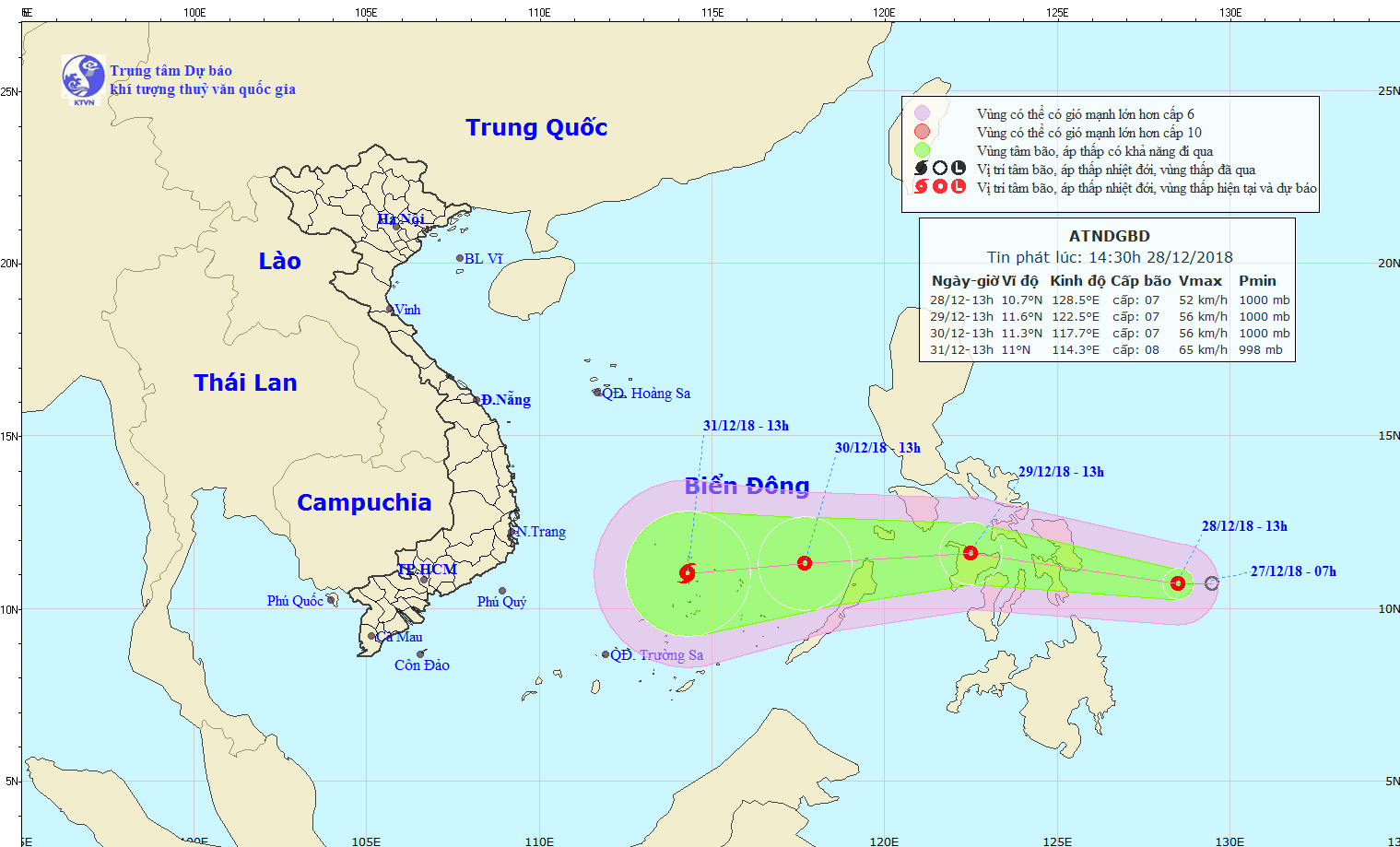 Áp thấp nhiệt đới ở khu vực giữa Biển Đông có khả năng mạnh lên thành bão từ đêm 29/12