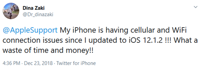 Một người dùng than phiền về việc mất sóng nhà mạng và mất kết nối Wi-Fi sau khi cập nhật lên iOS 12.1.2 