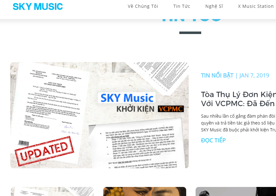 Trang web công ty cổ phần Sky Music đăng bài cho biết họ kiện lại Trung tâm Bảo vệ quyền tác giả âm nhạc Việt Nam xung quanh tác quyền âm nhạc. Ảnh chụp màn hình