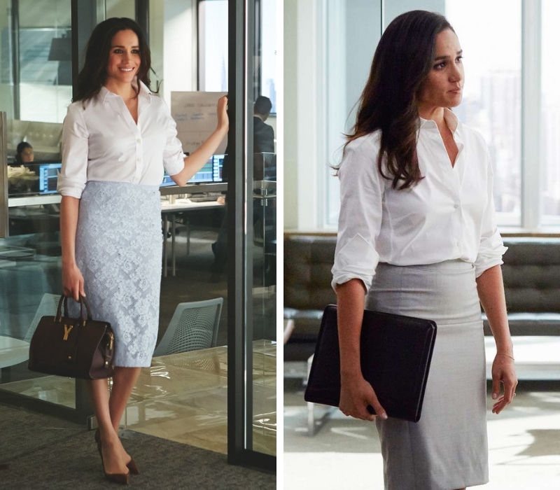   Nhân vật Rachel Zane (thể hiện bởi Meghan Markle) phối hợp áo sơmi trắng và chân váy bút chì mang đến vẻ lịch thiệp cho nữ luật sư. (Ảnh: InStyle, E!News)   