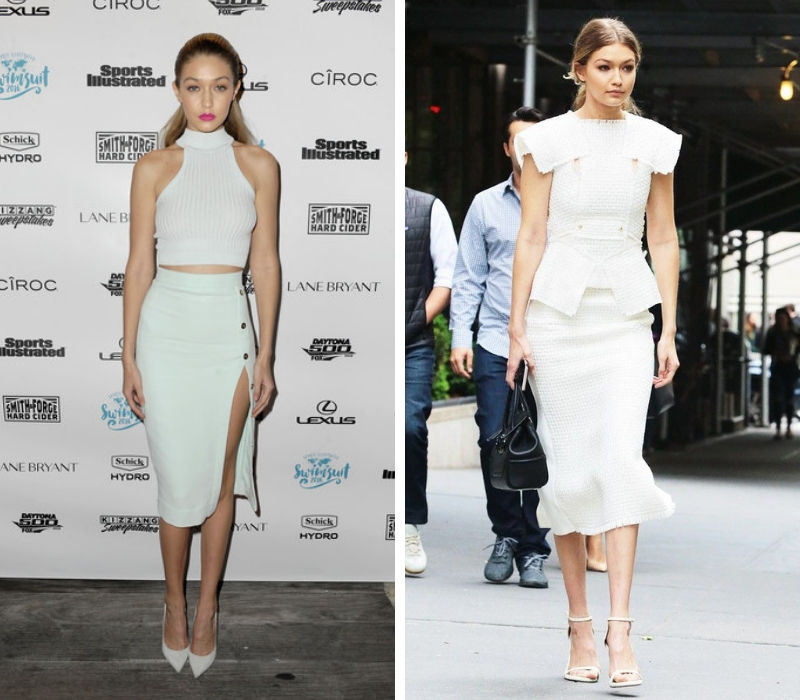 Hai gợi ý kết hợp váy bút chì và áo đồng màu trắng của Gigi Hadid là diện cùng áo crop top hoặc skirt suit thanh lịch. (Ảnh: StyleBistro, Who What Wear) 