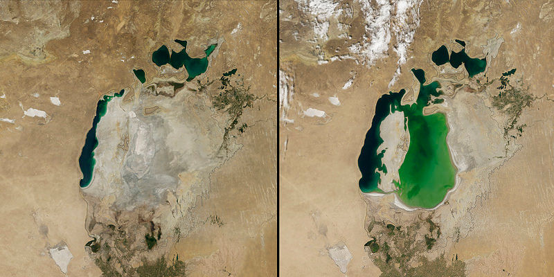 Các biển Aral là một hồ nước mặn ở biên giới của Kazakhstan và Uzbekistan. Nó bắt đầu thu hẹp vào những năm 1960, khi chính phủ Liên Xô quyết định sử dụng các dòng sông Amu Darya và Syr Darya, nơi nuôi sống hồ, để tưới tiêu sa mạc. Vào những năm 2000, hồ chia thành Biển Bắc và Biển Nam, và năm 2014, phần phía đông của Biển Nam đã khô cạn hoàn toàn. Bức ảnh bên phải được chụp vào năm 2000 và bên phải – vào năm 2014.