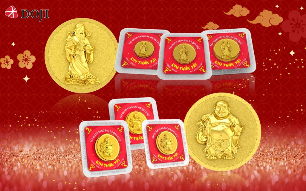   Đồng vàng 999.9 Thần Tài Đại Phất, Thần Tài Thịnh Vượng mô phỏng biểu tượng ông Thần Tài, một trong những vị thần nổi tiếng của tín ngưỡng Đông phương, hiện diện cho sự phú quý, bình an giúp cho gia đình êm ấm, kinh doanh phát tài phát lộc. Ảnh Doji.  