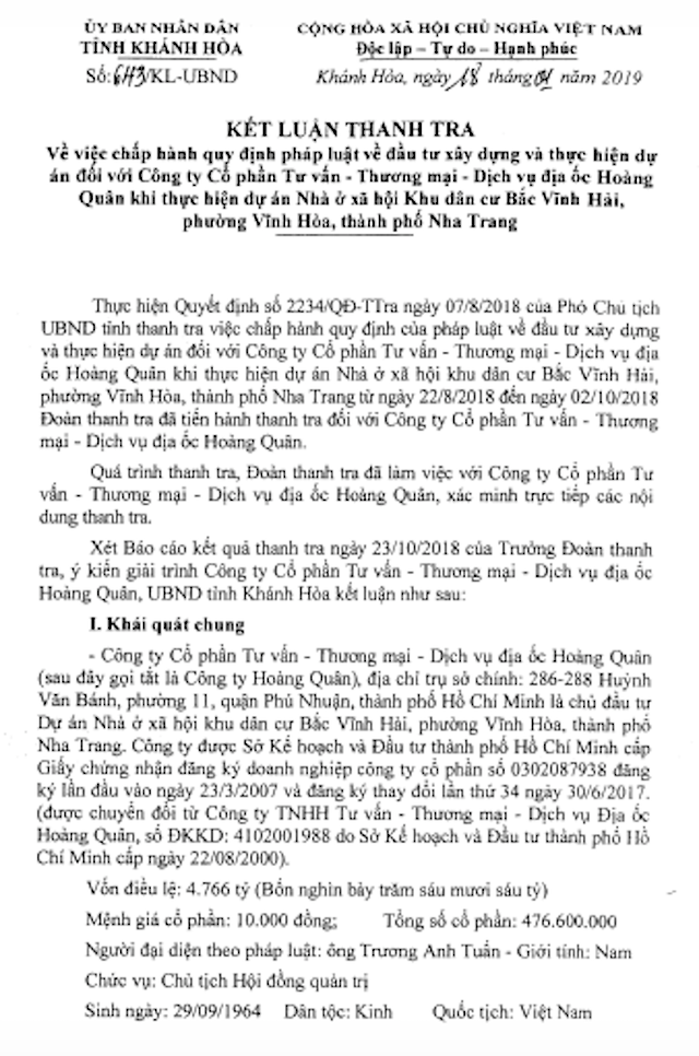 Kết luận số 643 của UBND tỉnh Khánh Hoà.