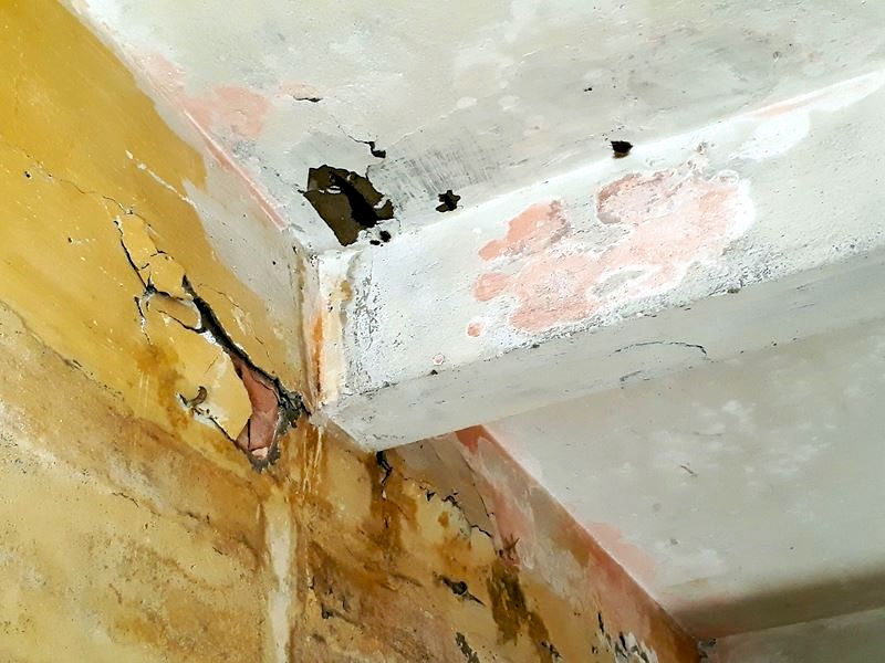 Trên trần nhà, dầm bê tông cũng mục nát và thường xuyên rơi xuống sàn.