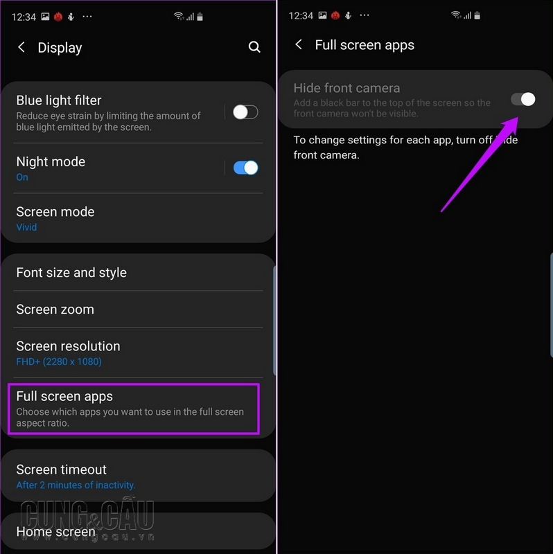 Cách làm này sẽ khiến bạn phải đánh đổi một phần không gian trên màn hình. Hãy vào cài đặt> Hiển thị> Ứng dụng toàn màn hình và tắt Ẩn camera trước.