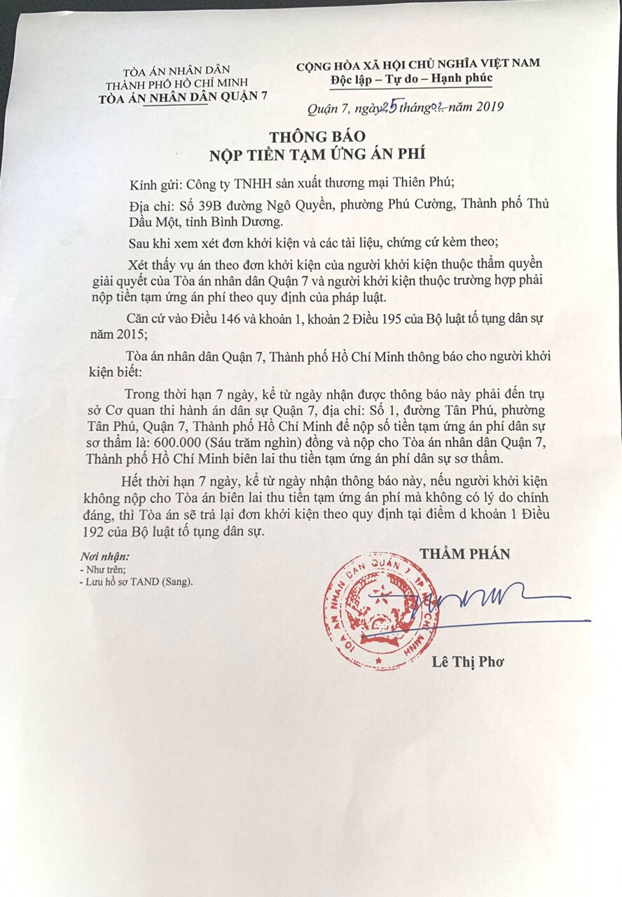 Thông báo nộp tiền tạm ứng án phí của Toà quận 7 gửi Công ty Thiên Phú.