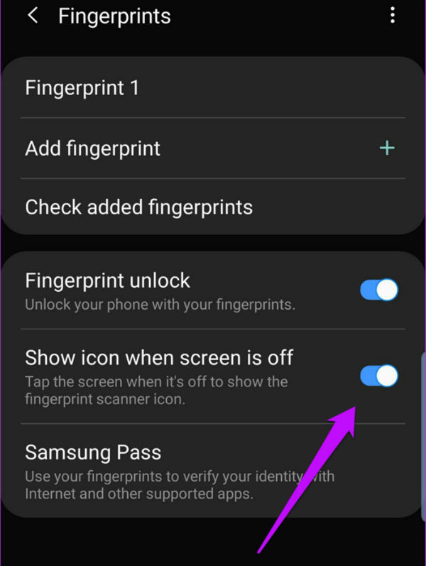 Bạn hãy vào Cài đặt > Sinh trắc học và bảo mật> Dấu vân tay và bật công tắc cho ở mục Hiển thị biểu tượng khi màn hình tắt.