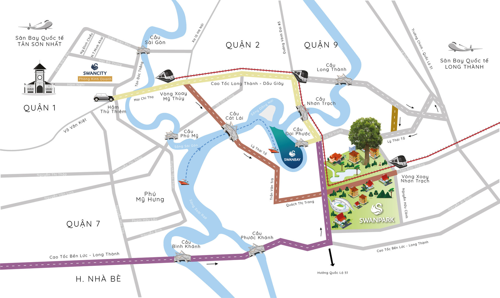   Bản đồ liên kết giao thông từ Nhơn Trạch đến Trung tâm TP.HCM.  