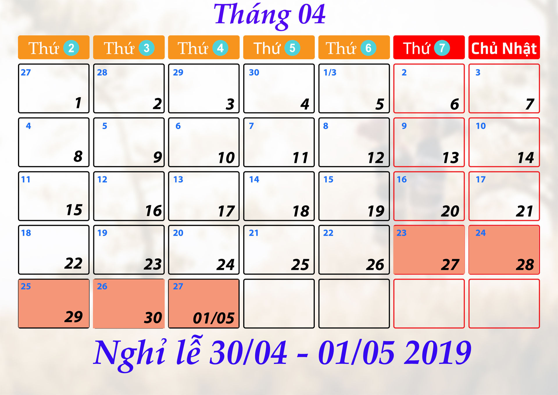 Lịch nghỉ 30/4 và 1/5/2019