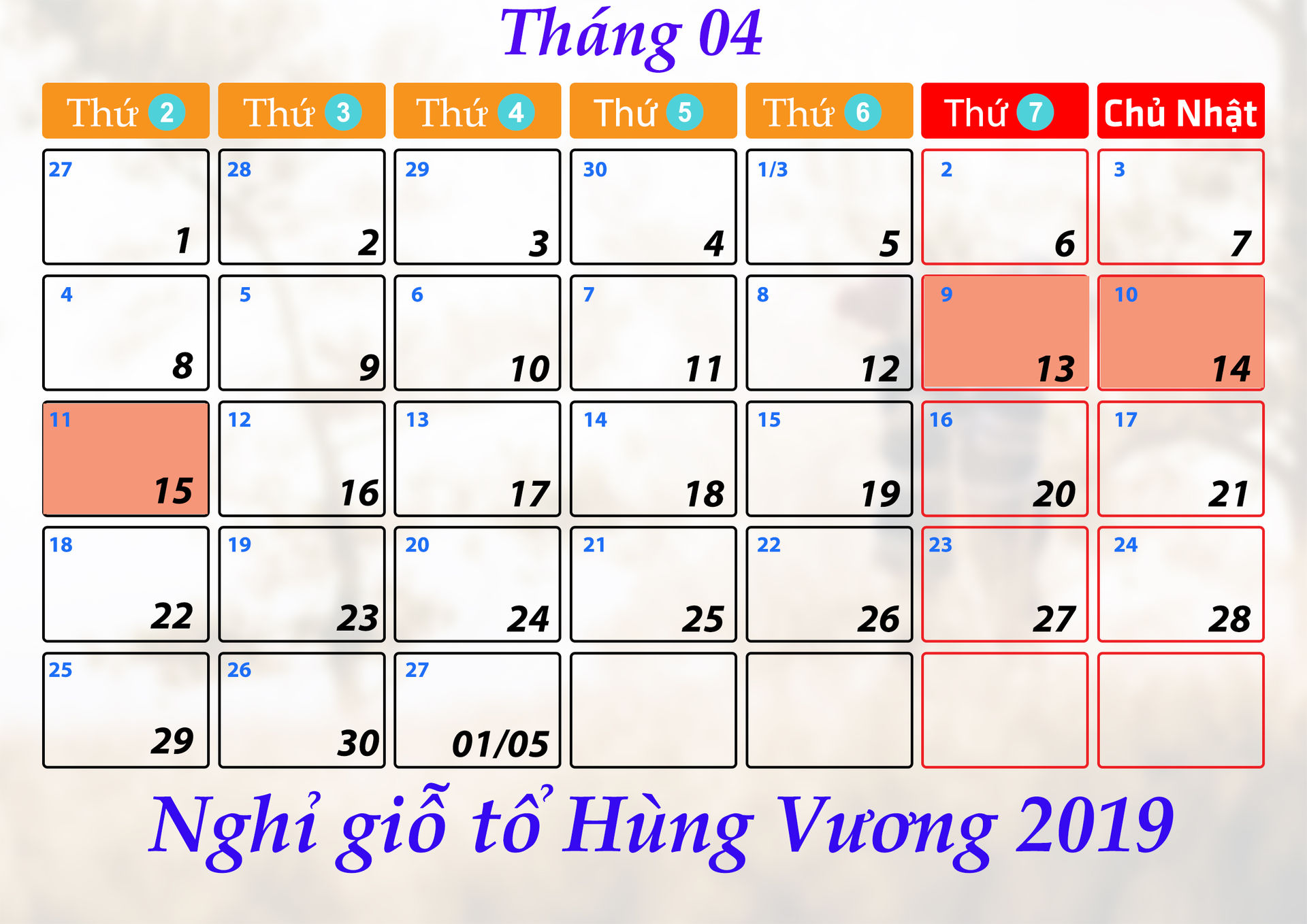  Lịch nghỉ Giỗ tổ Hùng Vương 2019