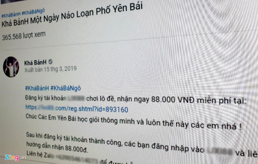 Một mẫu quảng cáo lô đề, cờ bạc bên trong nội dung YouTube trên kênh Khá Bảnh.