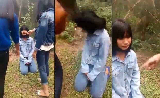Nữ sinh bị nhóm bạn dọa nạt, bắt quỳ gối (Ảnh cắt từ Clip)