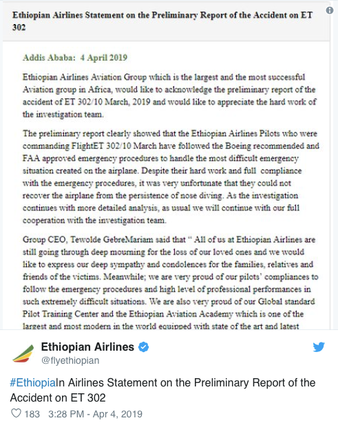 Bản báo cáo được Ethiopian Airlines đăng trên Twitter.