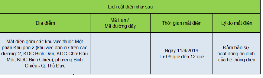 Lịch cúp điện ở quận Thủ Đức vào ngày 11/4/2019.