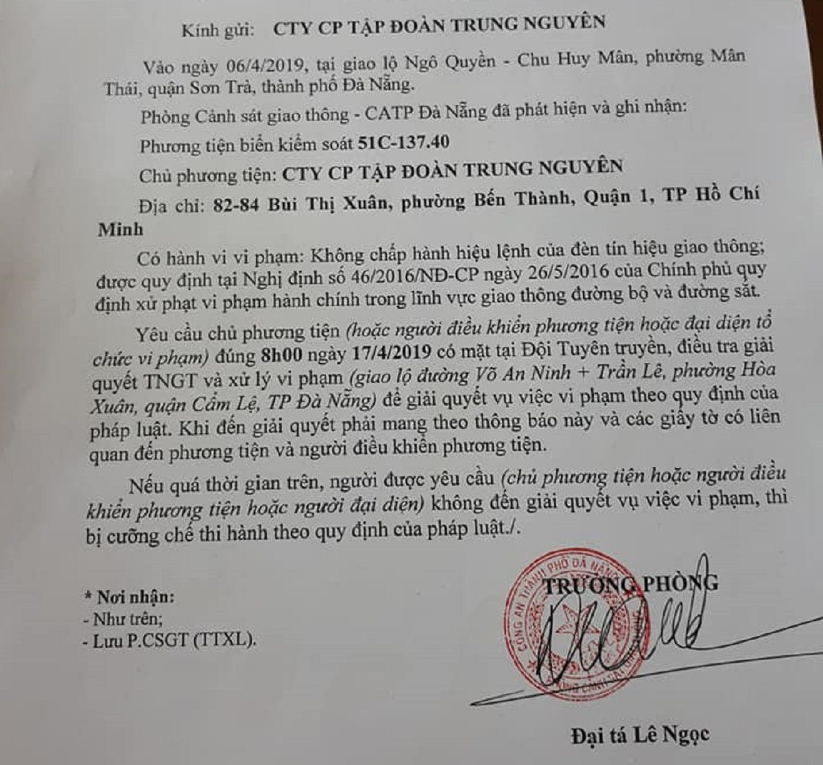 Thông báo của CSGT Đà Nẵng đến Tập đoàn Trung Nguyên.