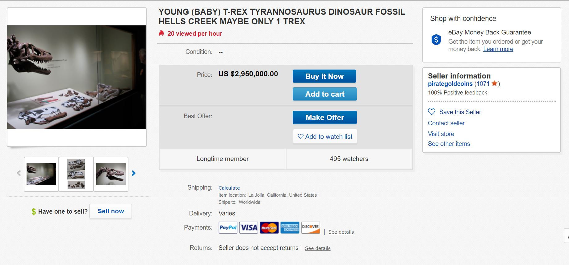 Hóa thạch Baby T-Rex được rao bán trên eBay với giá 3 triệu USD