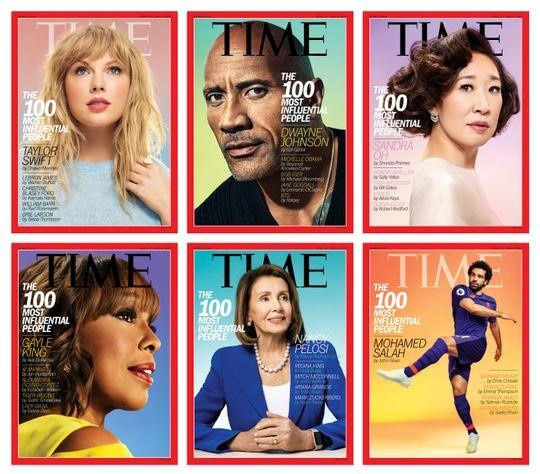 Diễn viên Dwayne Johnson (The Rock), ca sĩ Taylor Swift, diễn viên Sandra Oh, nhà báo Gayle King, ngôi sao bóng đá Mohamed Salah và nữ chính trị gia Nancy Pelosi là 6 nhân vật được vinh dự xuất hiện trên trang bìa tạp chí Times.