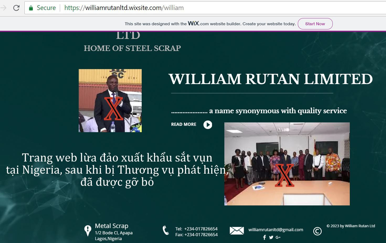 Trang webwww.williamruttanltd.wixsite.com/william lừa đảo xuất khẩu sắt vụn tại Nigeria bị Thương vụ 