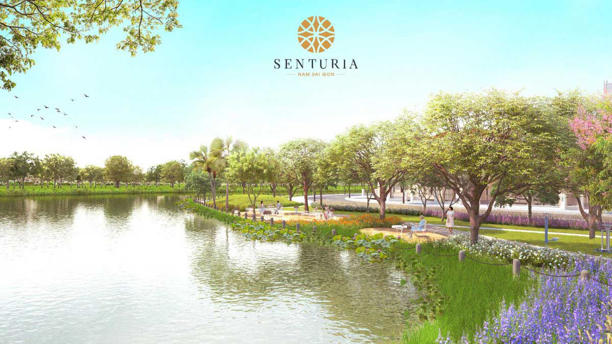 Phối cảnh khu công viên nội khu dọc bờ sông bên trong dự án khu dân cư Senturia Nam Sài Gòn 