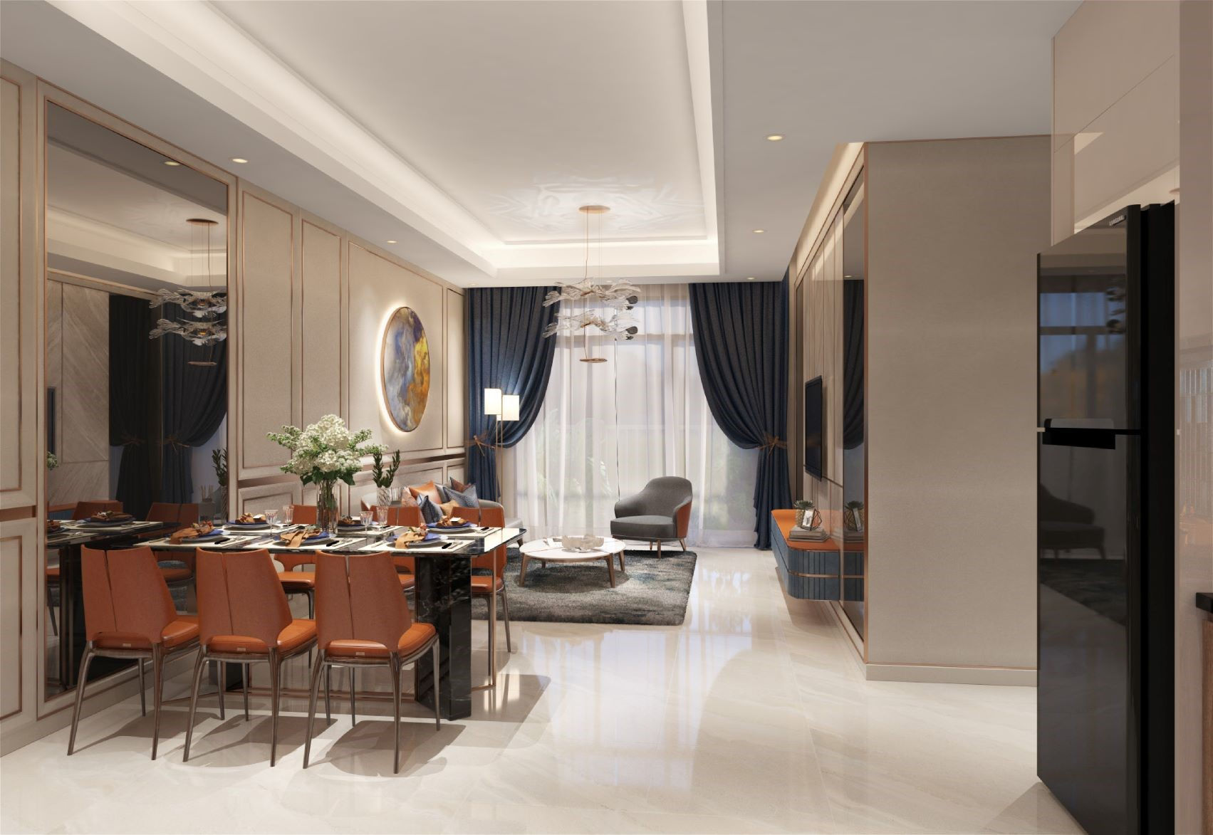 Thiết kế phòng khách sử dụng tông màu vàng hồng, cam đất và xanh đậm ấm áp và sang trọng.