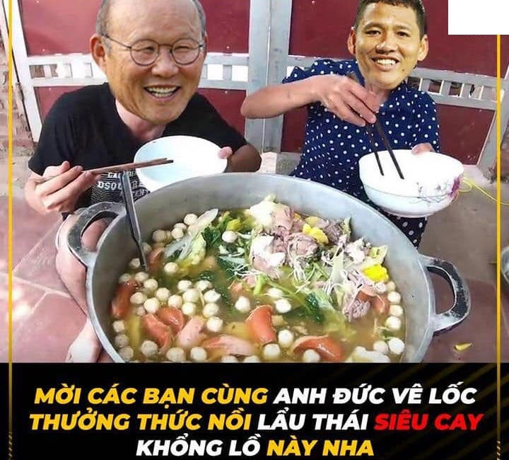   Thầy Park và Anh Đức đang thưởng thức nồi lẩu Thái siêu cay khổng lồ.  