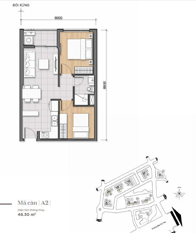 Thiết kế chi tiết căn hộ loại 1 phòng ngủ có diện tích 48,30 m2