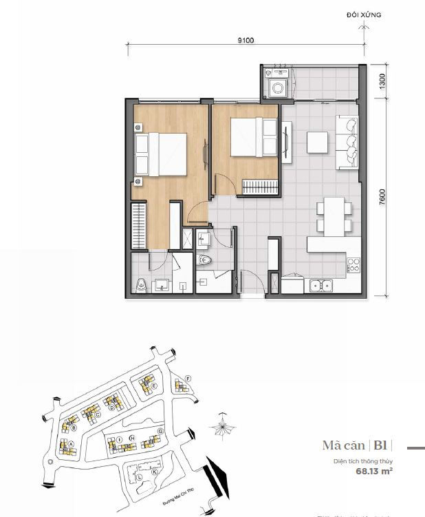 Thiết kế chi tiết căn hộ loại 2 phòng ngủ có diện tích 68,13 m2 và 71,15 m2