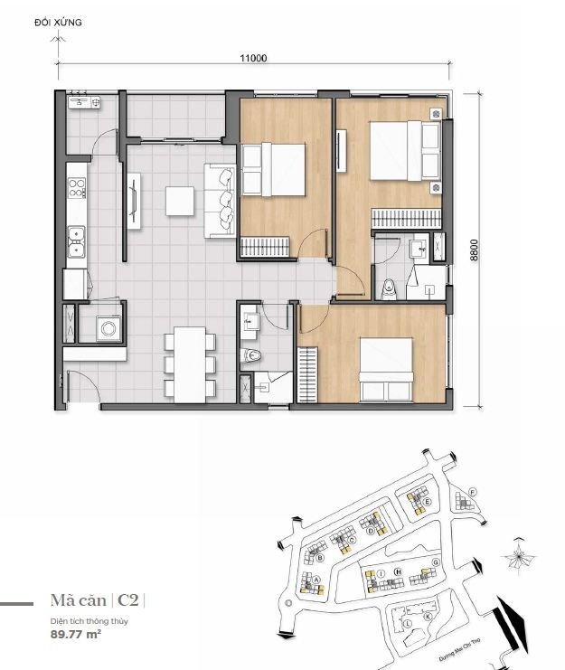 Thiết kế chi tiết căn hộ loại 3 phòng ngủ có diện tích 89,77 m2