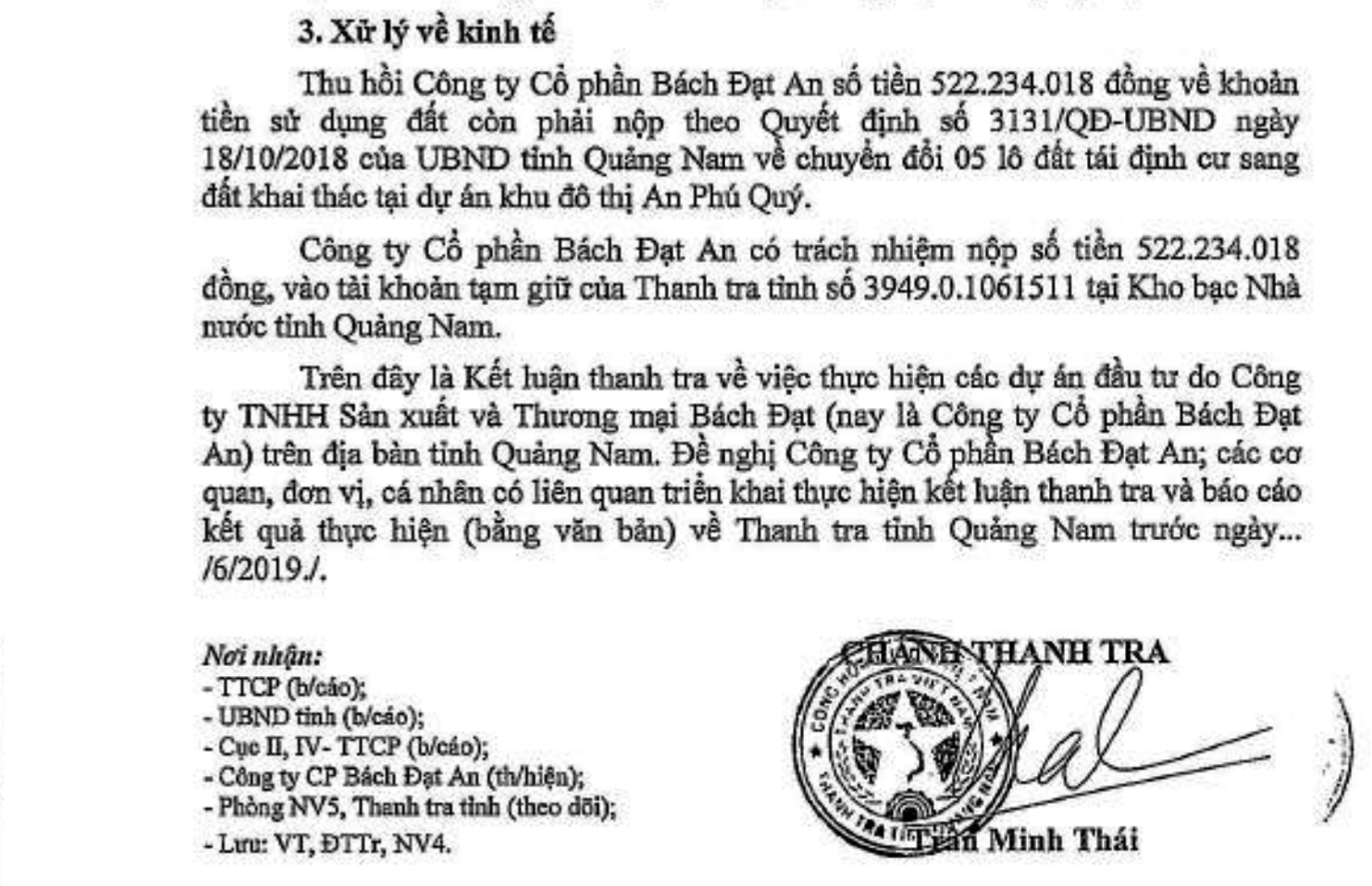 Kết luận của Thanh tra tỉnh Quảng Nam yêu cầu Công ty CP Bách Đạt An nộp số tiền hơn 522 triệu đồng.