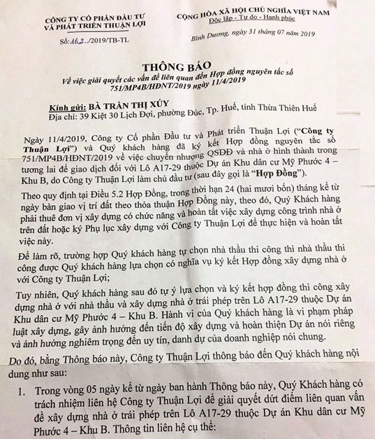 Công ty Thuận Lợi đổ lỗi cho việc xây dựng nhà ở trên đất đã mua bán là làm ảnh hưởng đến uy tín của doanh nghiệp.