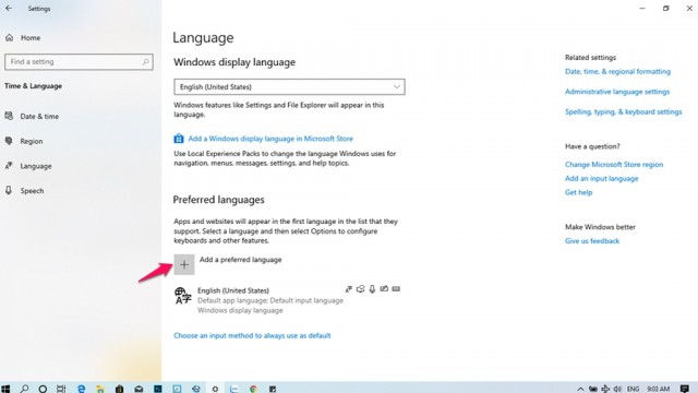   Để cập nhật, bạn vào Start (Hoặc nhấn phím Windows) > Settings > Time & Language. Click vào Add a preferred language  