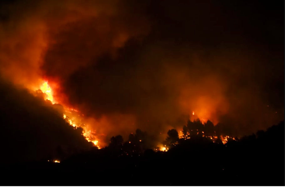   Một ngọn lửa được thổi bùng lên nuốt chửng thảm thực vật gần làng Monze, miền nam nước Pháp, ngày 15/8. Ảnh: Getty Images.  