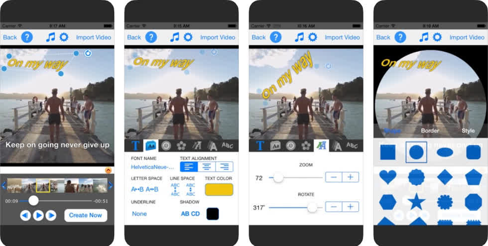   TextVideo - Text on Video là một ứng dụng giúp bạn thêm các đoạn chữ lên video với hơn 100 font chữ. Với khả năng tùy biến đoạn chữ đó theo nhiều hiệu ứng như: chuyển động, làm cong chữ v.v....  