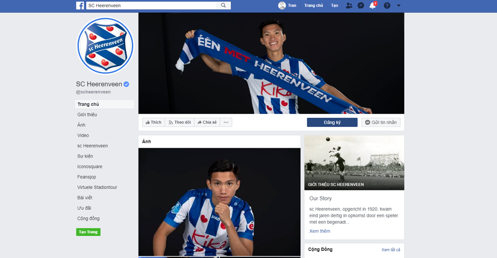   Fanpage của SC Heerenveen đặt ảnh Đoàn Văn Hậu làm ảnh bìa. Ảnh chụp màn hình.  