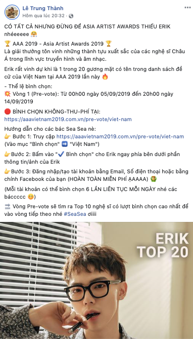Erik xin rút khỏi đề cử tại lễ trao giải AAA 2019 sau lùm xùm của Tóc Tiên, Sơn Tùng MTP và Soobin Hoàng Sơn