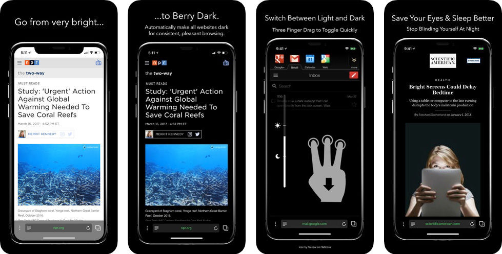   Trình duyệt web dành cho iPhone của bạn, cung cấp chế độ nền tối giúp giảm bớt những tác hại của ánh sáng xanh phát ra từ màn hình thiết bị và giúp cho những trải nghiệm tốt hơn.  