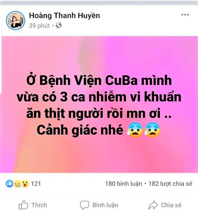 Hình ảnh chụp màn hình dòng trạng thái do Facebook Hoàng Thanh Huyền chia sẻ gây hoang mang dư luận.