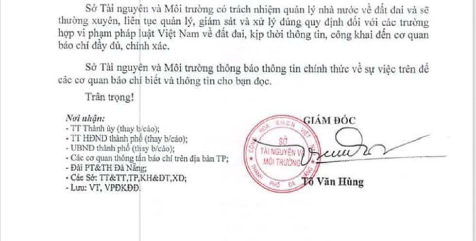 Công văn do ông Tô Văn Hùng, Giám đốc Sở TN&MT Đà Nẵng ký khẳng định địa phương này không cấp sổ đỏ cho người Trung Quốc.