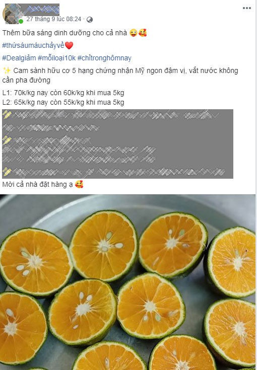 Tại một trang cá nhân trên Facebook rao bán cam sành với mức giá gần 70.000 đồng/kg.