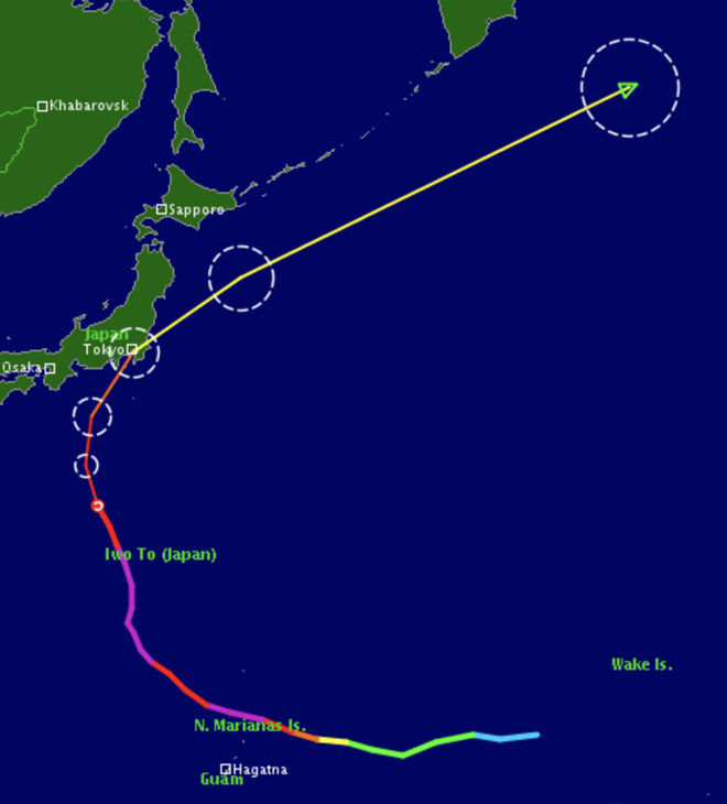 Dự báo hướng di chuyển của siêu bão Hagibis ngày 11/10. Ảnh: Tropical Storm Risk.