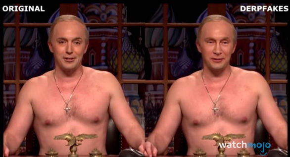 Kẻ xấu tạo video deepfake về Tổng thống Nga Vladimir Putin. Bên trái là ảnh video gốc, bên phải là ảnh đã qua chỉnh sửa dùng công nghệ AI. Ảnh chụp màn hình.