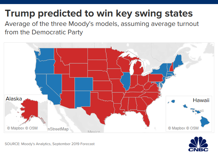 Dự báo của Moody's cho thấy các bang ủng hộ ông Trump (màu đỏ) chiếm áp đảo.
