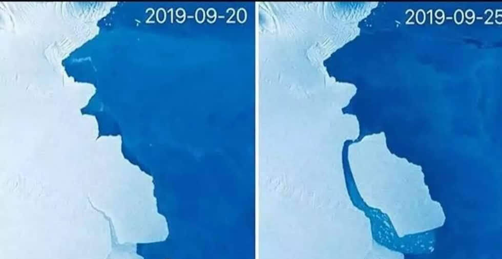 Hình ảnh vệ tinh trong các ngày 20 và 25-9 cho thấy tảng băng D28 đã rời khỏi thềm băng bắt đầu hành trình trên đại dương (ảnh chụp màn hình).  