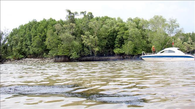  Trong ảnh: Xuất hiện nhiều vệt dầu loang trên sông Lòng Tàu sau vụ chìm tàu. Ảnh: TTXVN 